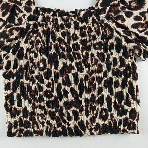 Monteau Puff Sleeve Smocked Crop Top Women's Size S Leopard Print Linen Blend - Picture 4 of 8